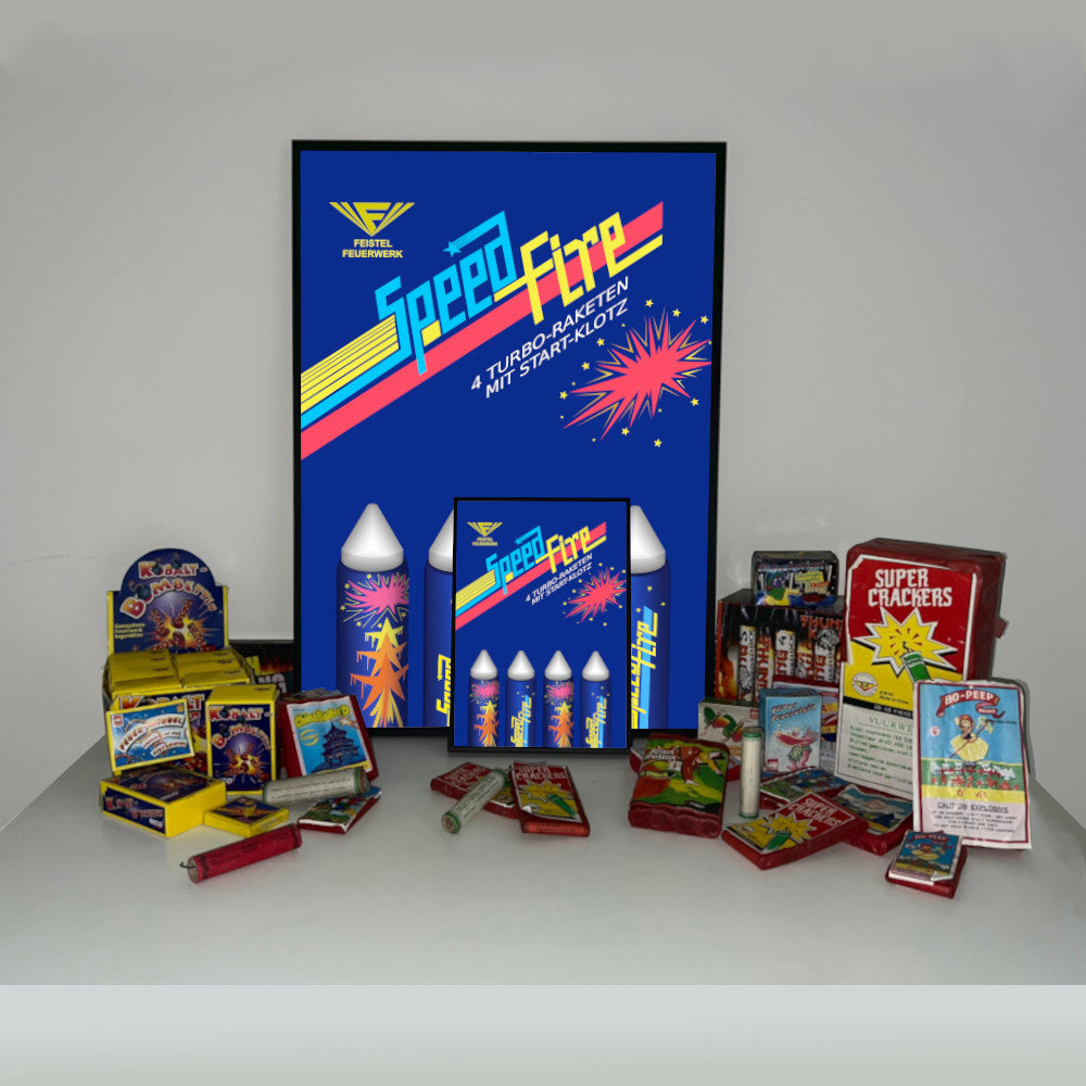Feistel Feuerwerk Speedfire Raketen Raritäten Label eingerahmtes Poster