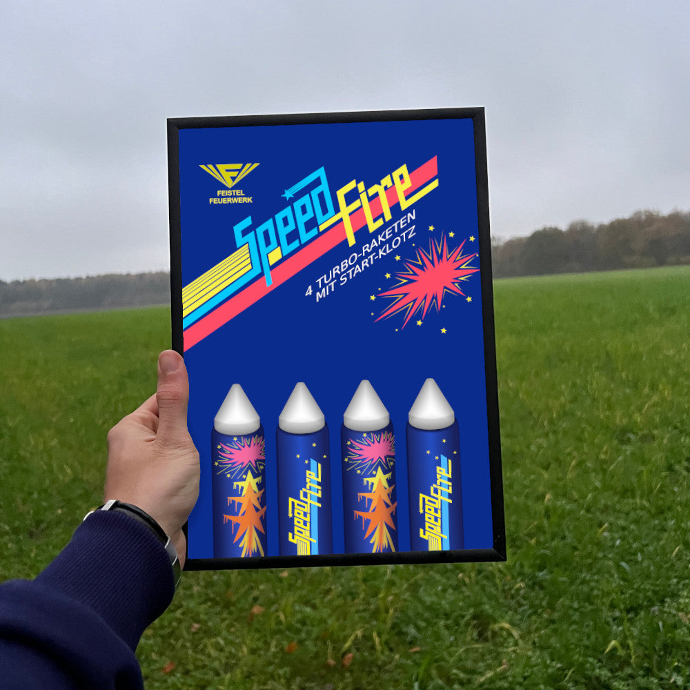 Feistel Feuerwerk Speedfire Raketen Raritäten Label eingerahmtes Poster