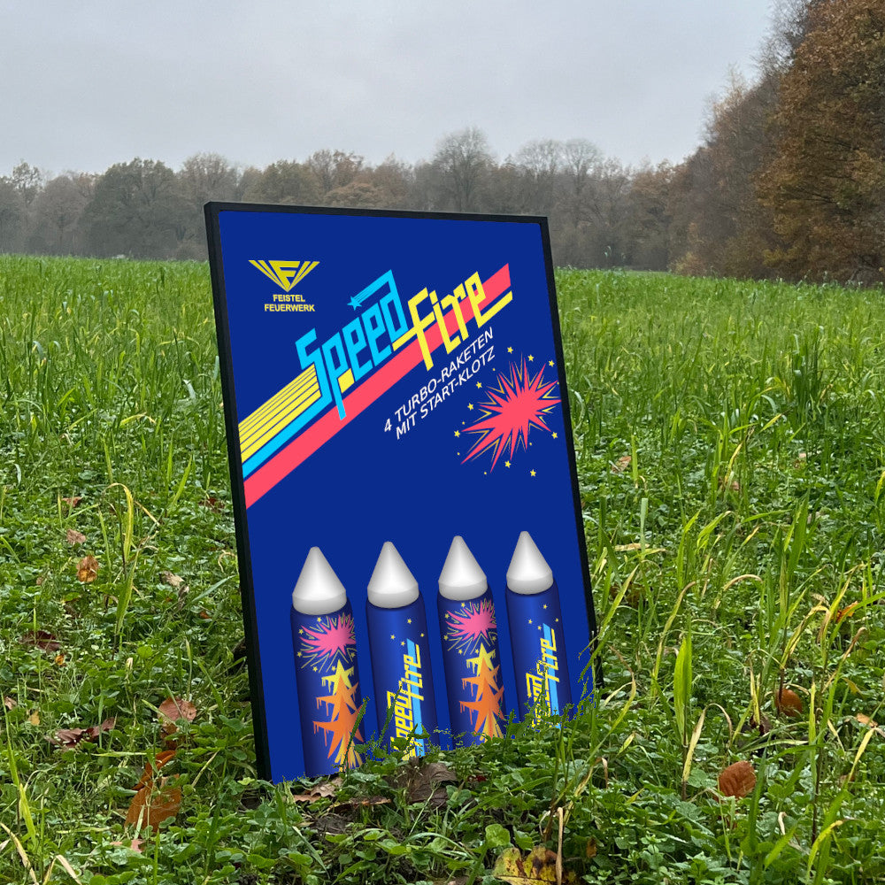 Feistel Feuerwerk Speedfire Raketen Raritäten Label eingerahmtes Poster