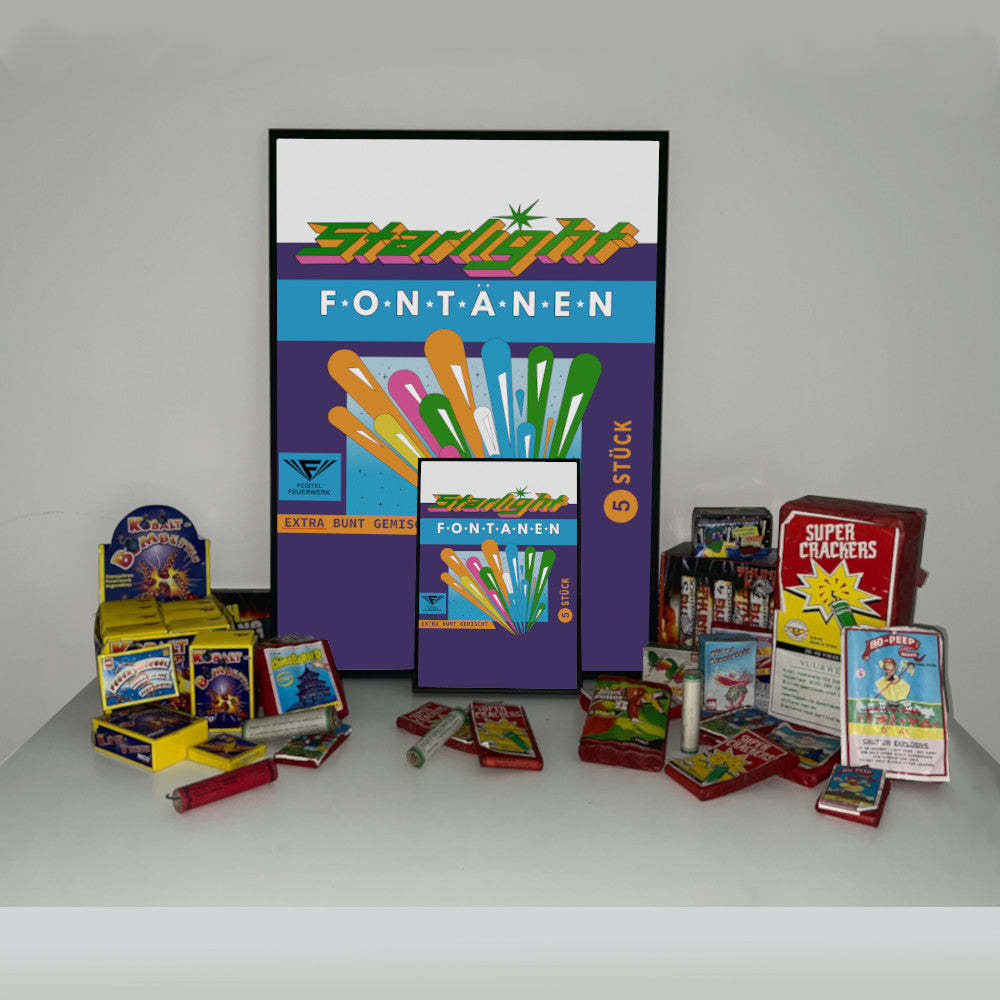 Feistel Feuerwerk Starlight Fontänen Raritäten Label eingerahmtes Poster