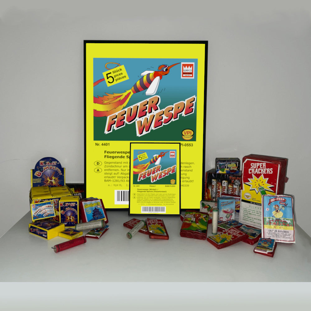 Weco Feuerwerk Feuer Wespe Raritäten Label eingerahmtes Poster