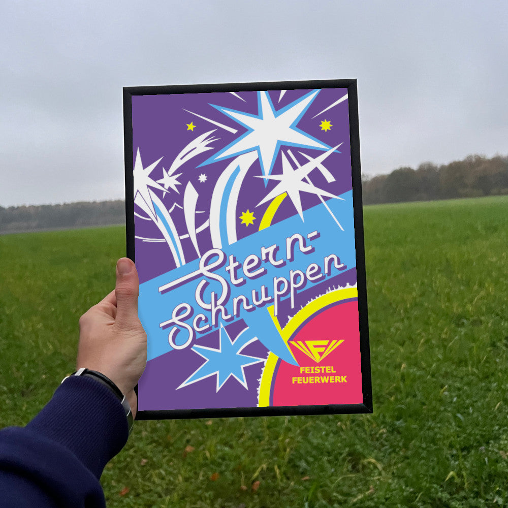 Feistel Feuerwerk Sternschnuppen Raritäten Label eingerahmtes Poster
